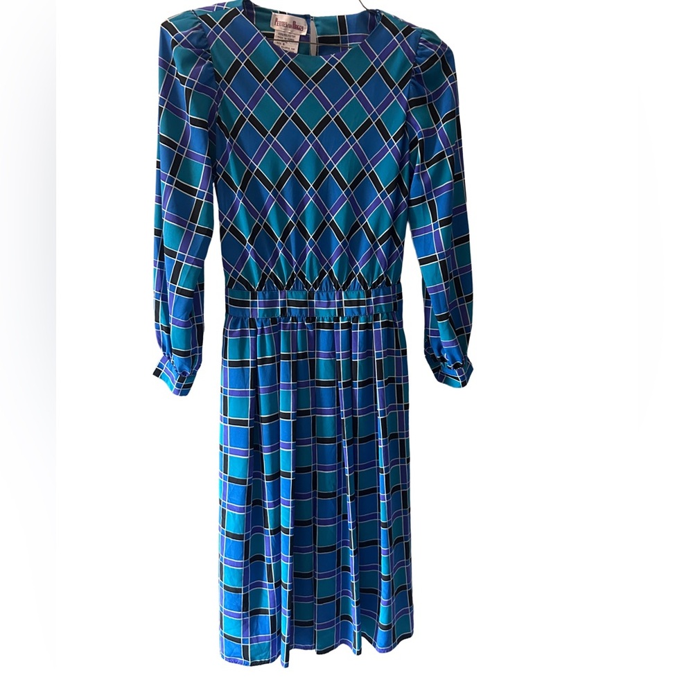 VTG 80s Multicolor Secretary Plaid Dress, Pleated Skirt with Cinched Waist. 6